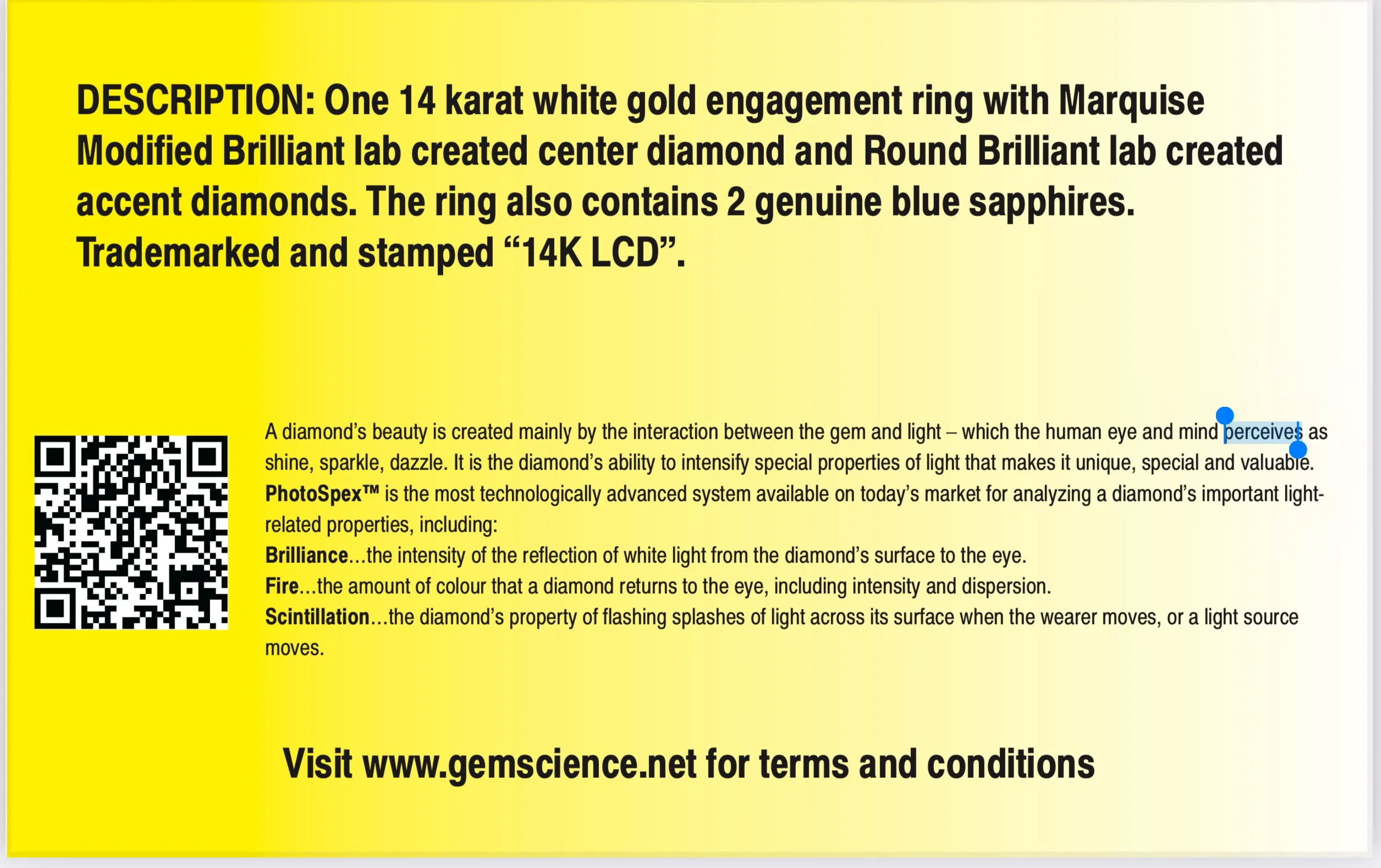 Vera Wang Designer Lab Grown Marquise diamond ring in 14k white gold