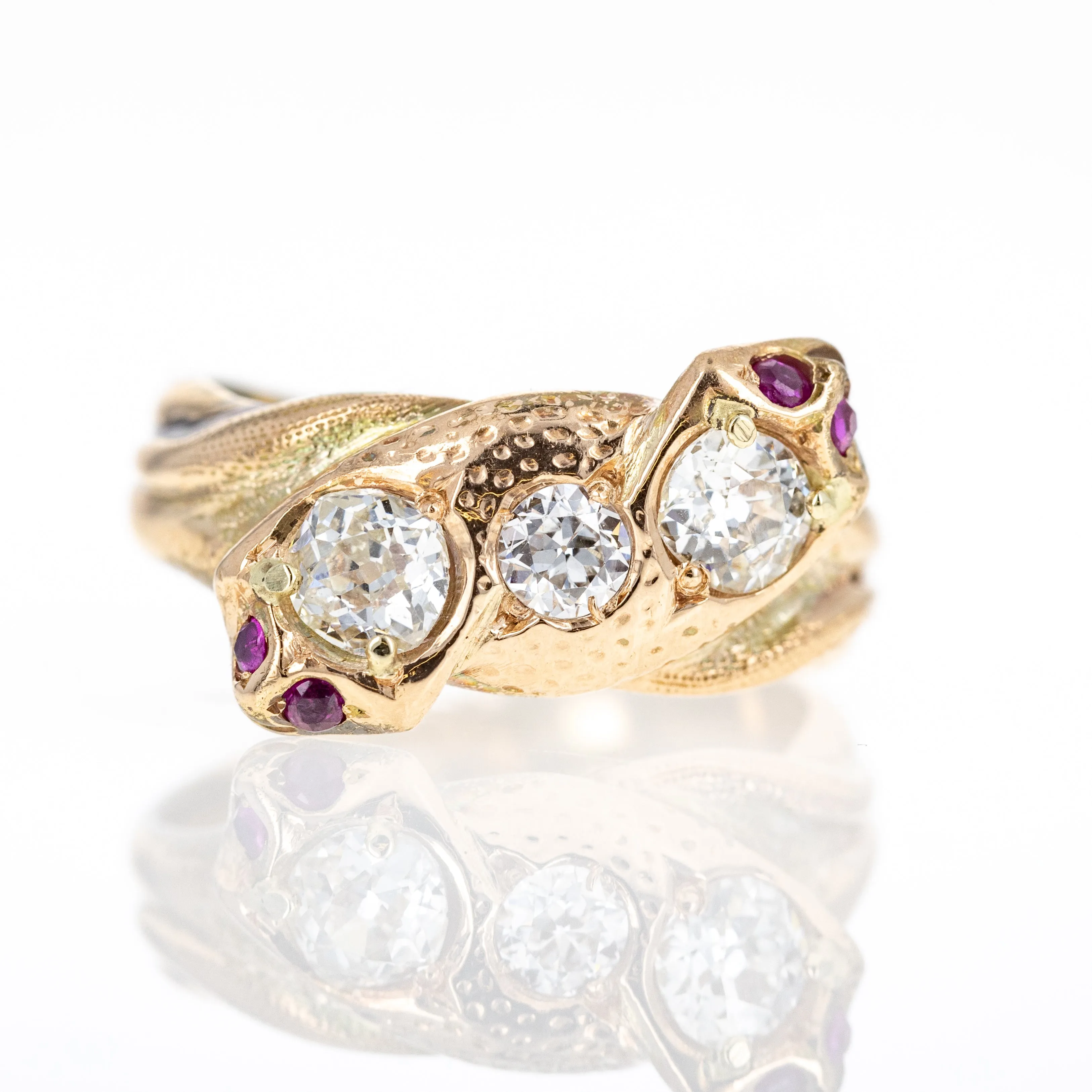 Victorian 18K Yellow Gold Old European Cut Diamond and Ruby Snake Ring