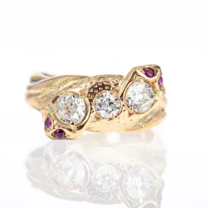 Victorian 18K Yellow Gold Old European Cut Diamond and Ruby Snake Ring