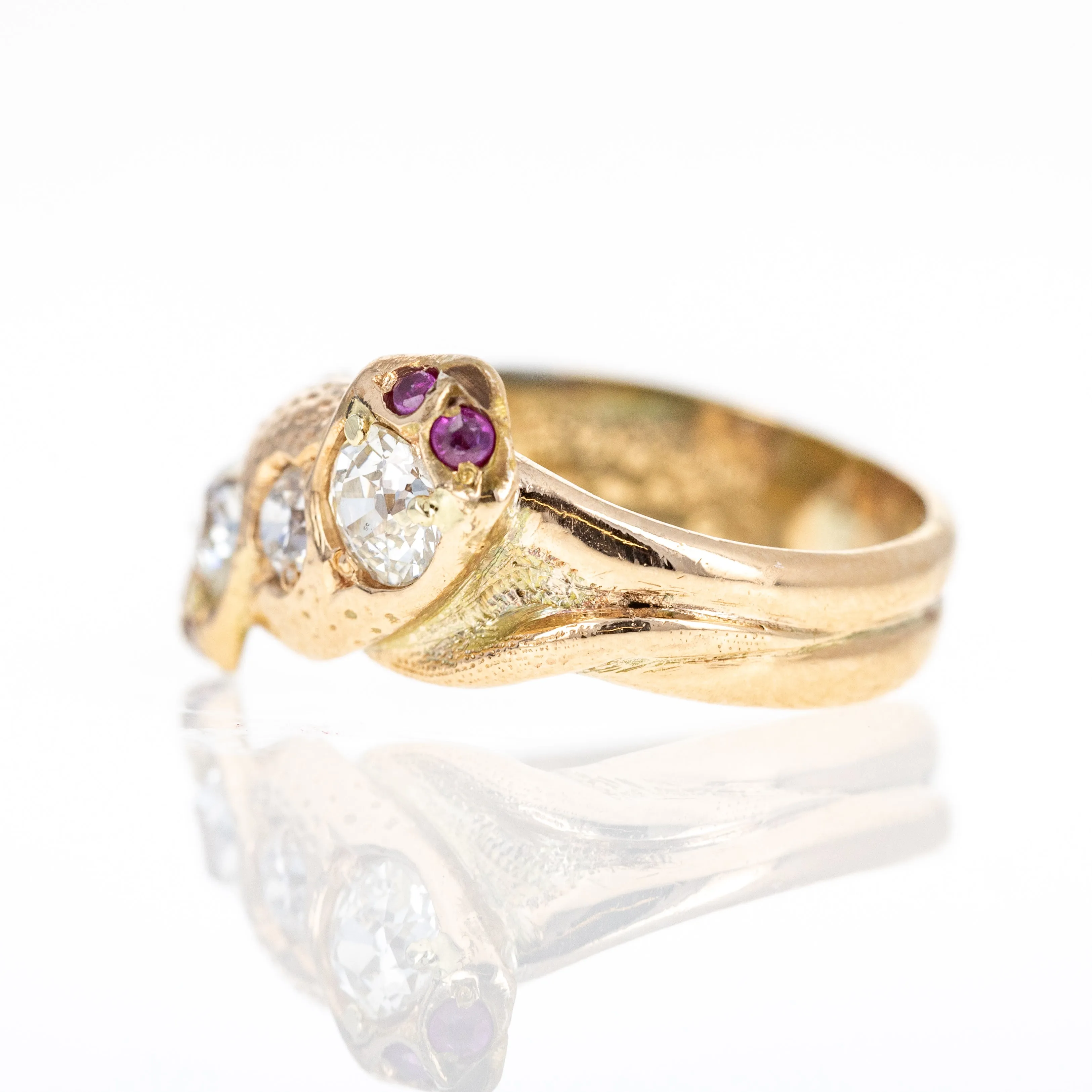 Victorian 18K Yellow Gold Old European Cut Diamond and Ruby Snake Ring