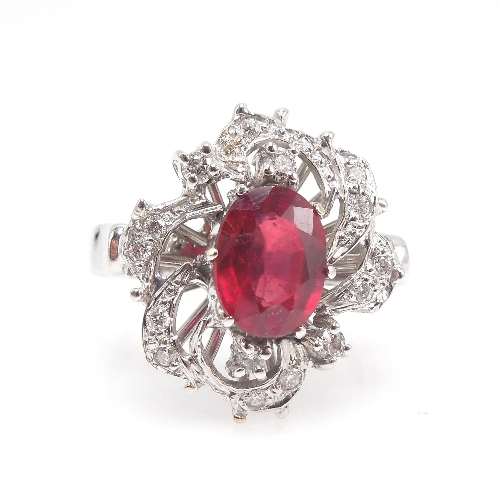 Vintage 1.2ct Ruby and Diamond Cocktail Ring in 18K White Gold