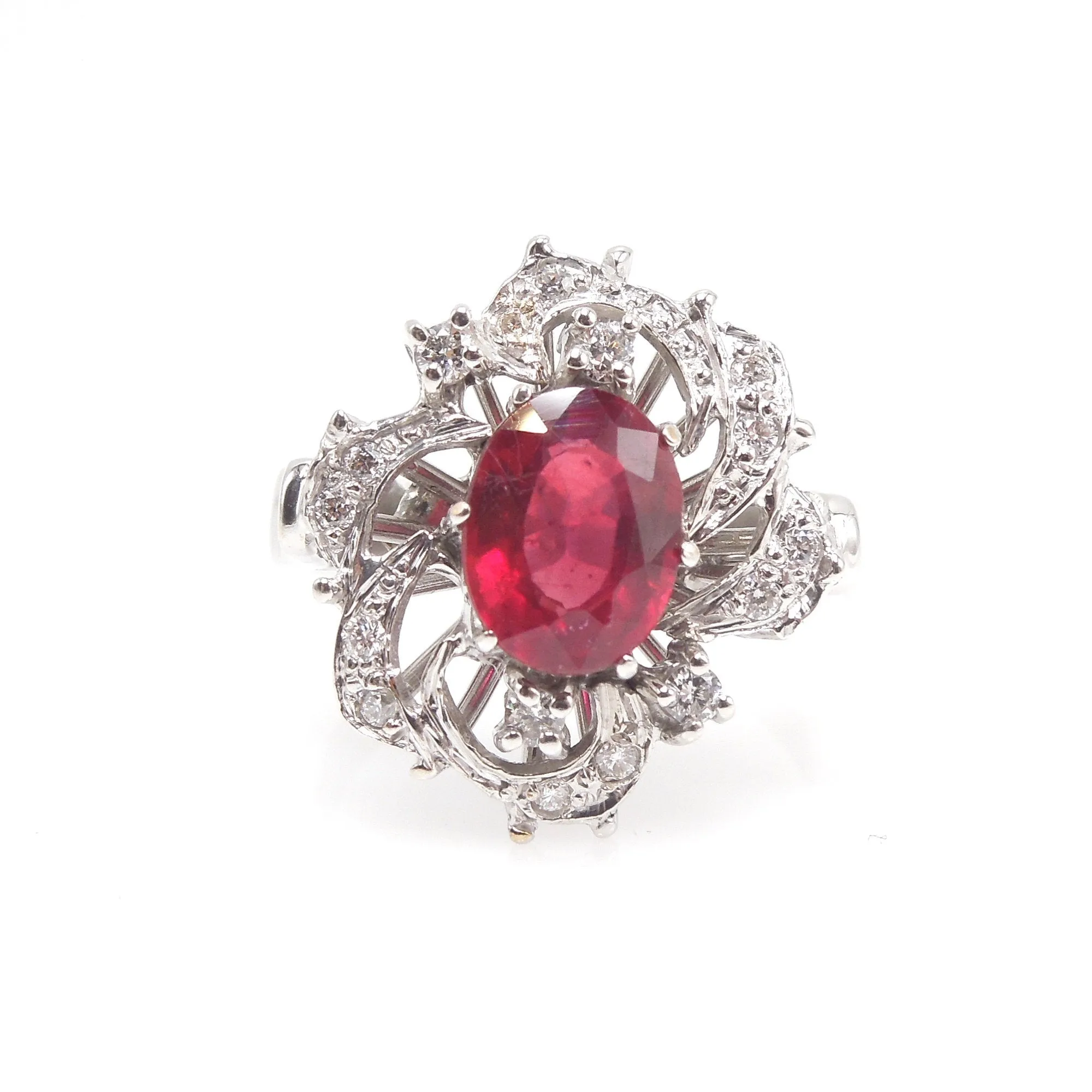 Vintage 1.2ct Ruby and Diamond Cocktail Ring in 18K White Gold
