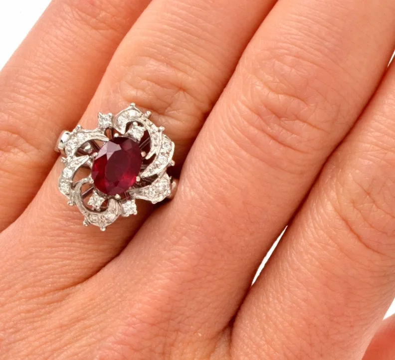 Vintage 1.2ct Ruby and Diamond Cocktail Ring in 18K White Gold