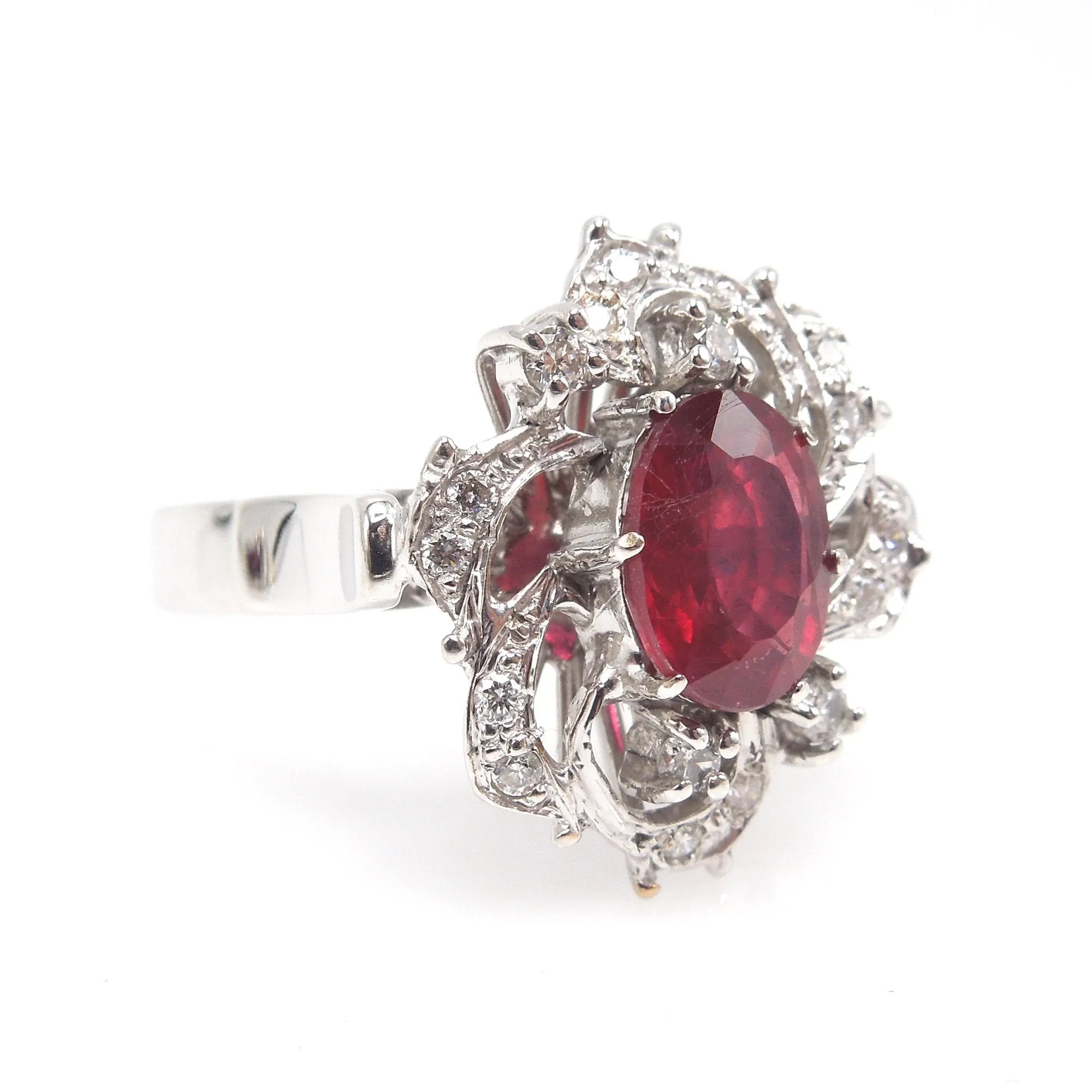 Vintage 1.2ct Ruby and Diamond Cocktail Ring in 18K White Gold