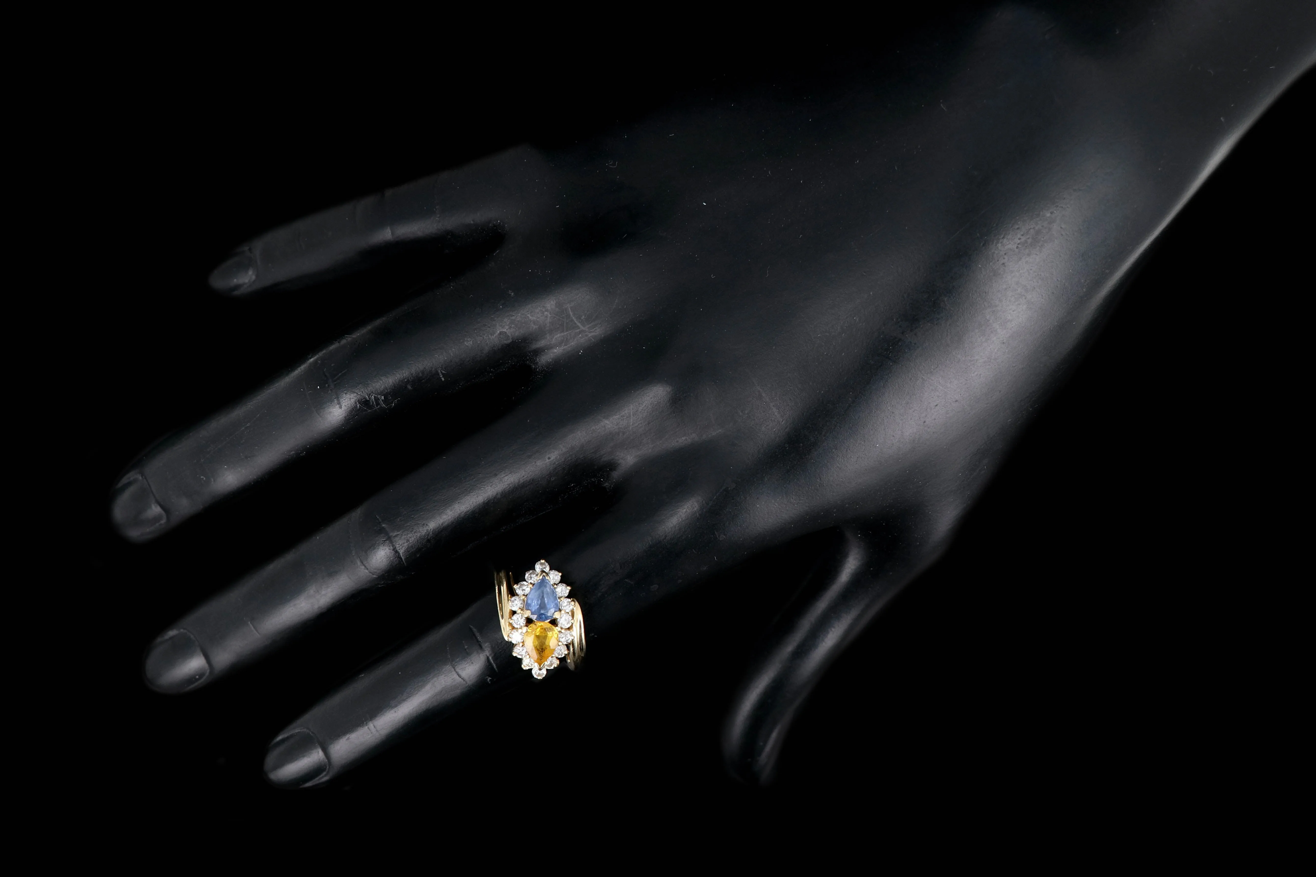 Vintage 14K Yellow Gold Blue and Yellow Sapphire and Diamond Ring