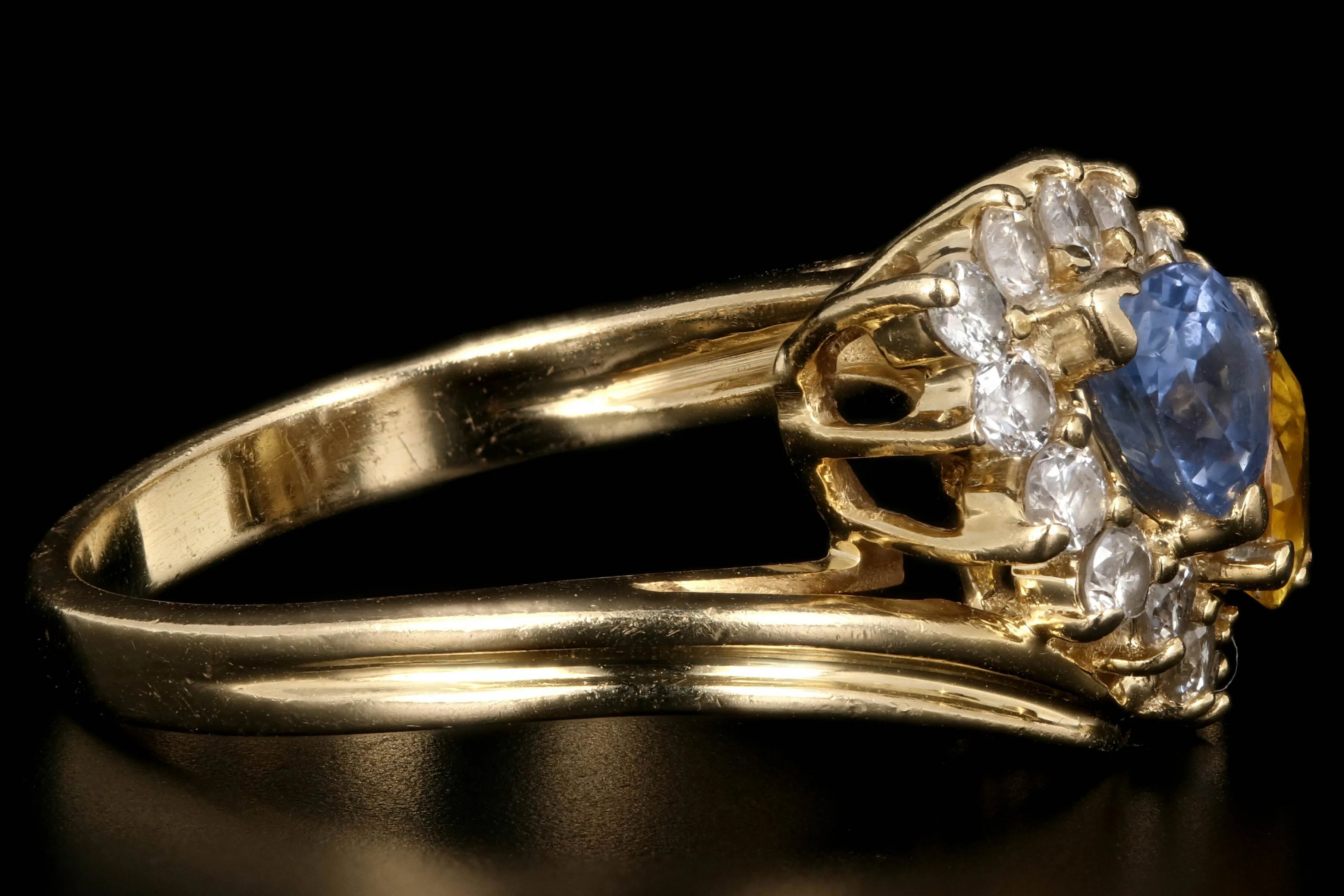 Vintage 14K Yellow Gold Blue and Yellow Sapphire and Diamond Ring