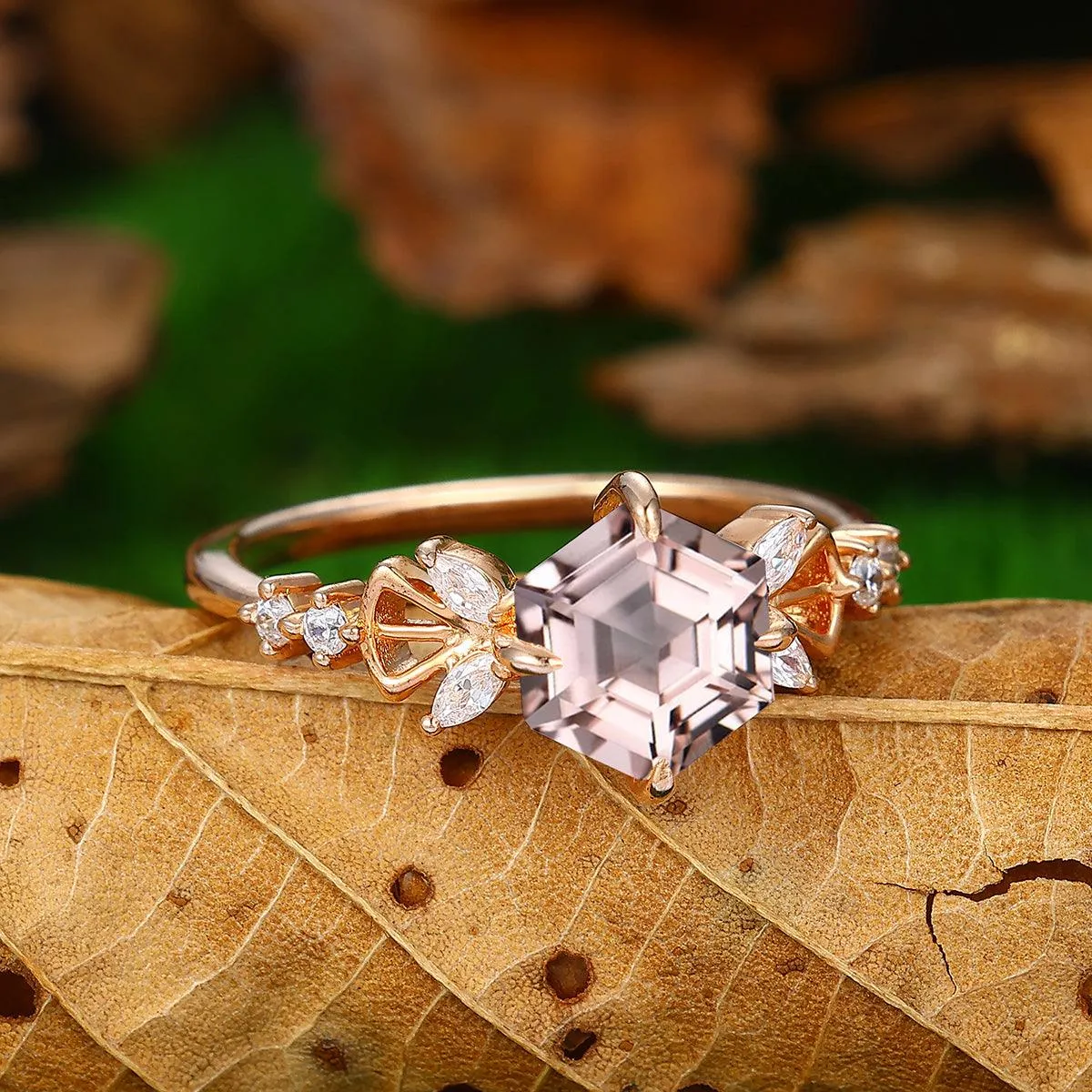 Vintage 1.7 CT Hexagon Cut Natural Pink Morganite Luxury Design Women Gift Sliver Ring