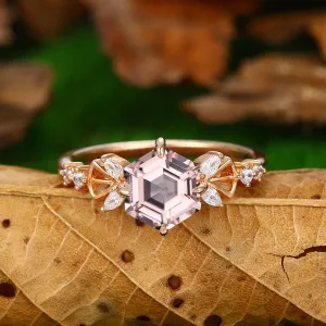 Vintage 1.7 CT Hexagon Cut Natural Pink Morganite Luxury Design Women Gift Sliver Ring