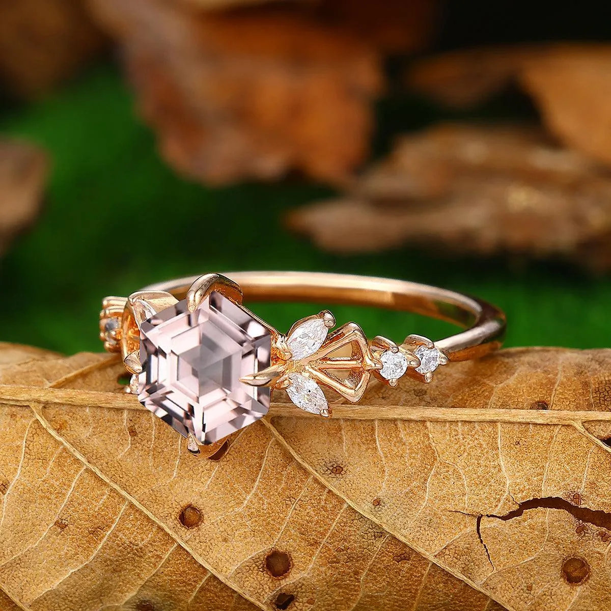 Vintage 1.7 CT Hexagon Cut Natural Pink Morganite Luxury Design Women Gift Sliver Ring