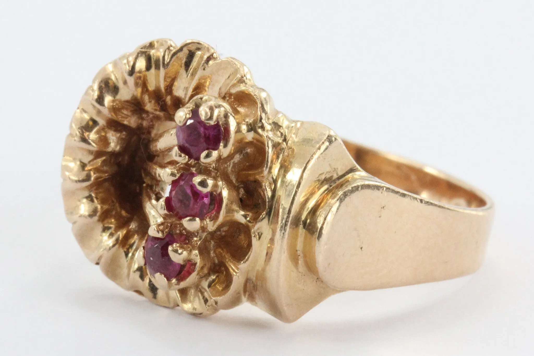 Vintage Art Deco 14K Rose Gold & Ruby Figural Flower Ring