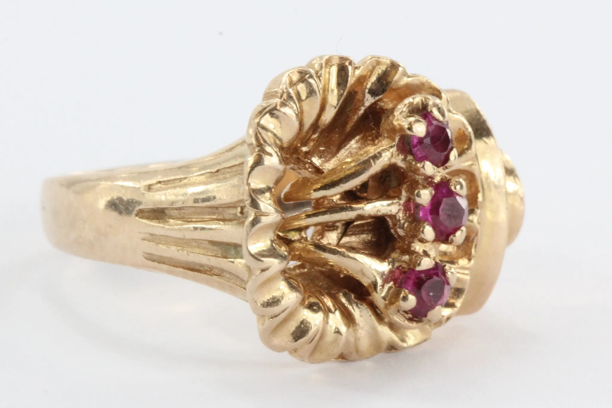Vintage Art Deco 14K Rose Gold & Ruby Figural Flower Ring