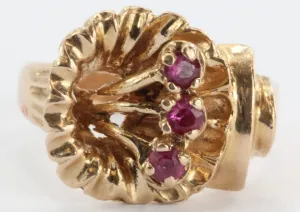 Vintage Art Deco 14K Rose Gold & Ruby Figural Flower Ring