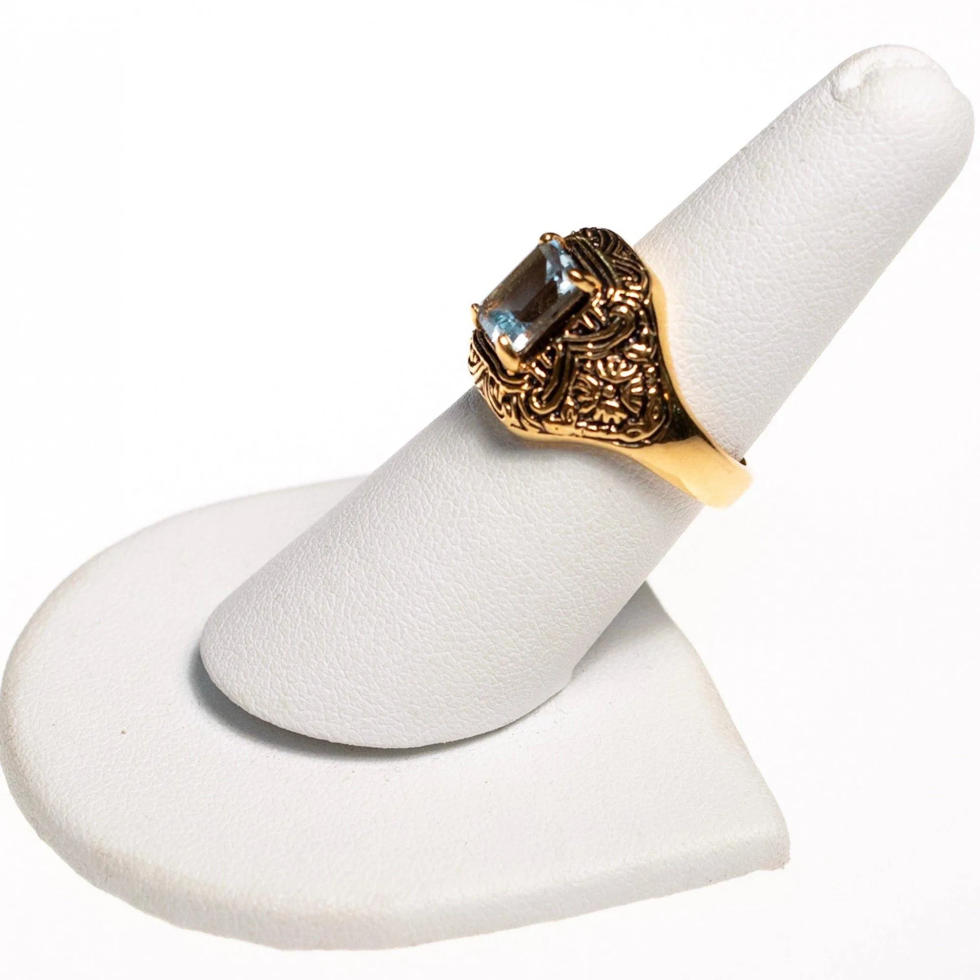 Vintage Art Deco Blue Emerald Cut Crystal Ring with Etched 18kt Gold Plated Setting
