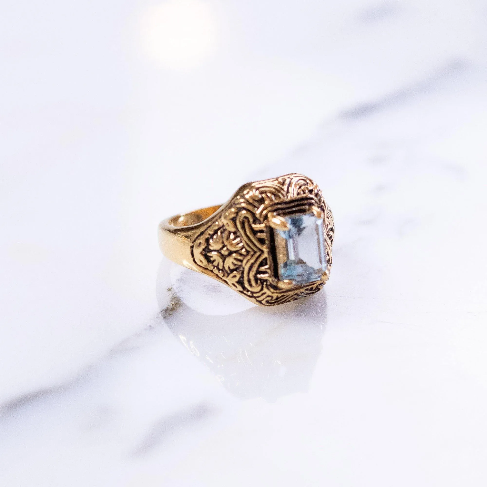 Vintage Art Deco Blue Emerald Cut Crystal Ring with Etched 18kt Gold Plated Setting