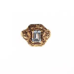 Vintage Art Deco Blue Emerald Cut Crystal Ring with Etched 18kt Gold Plated Setting