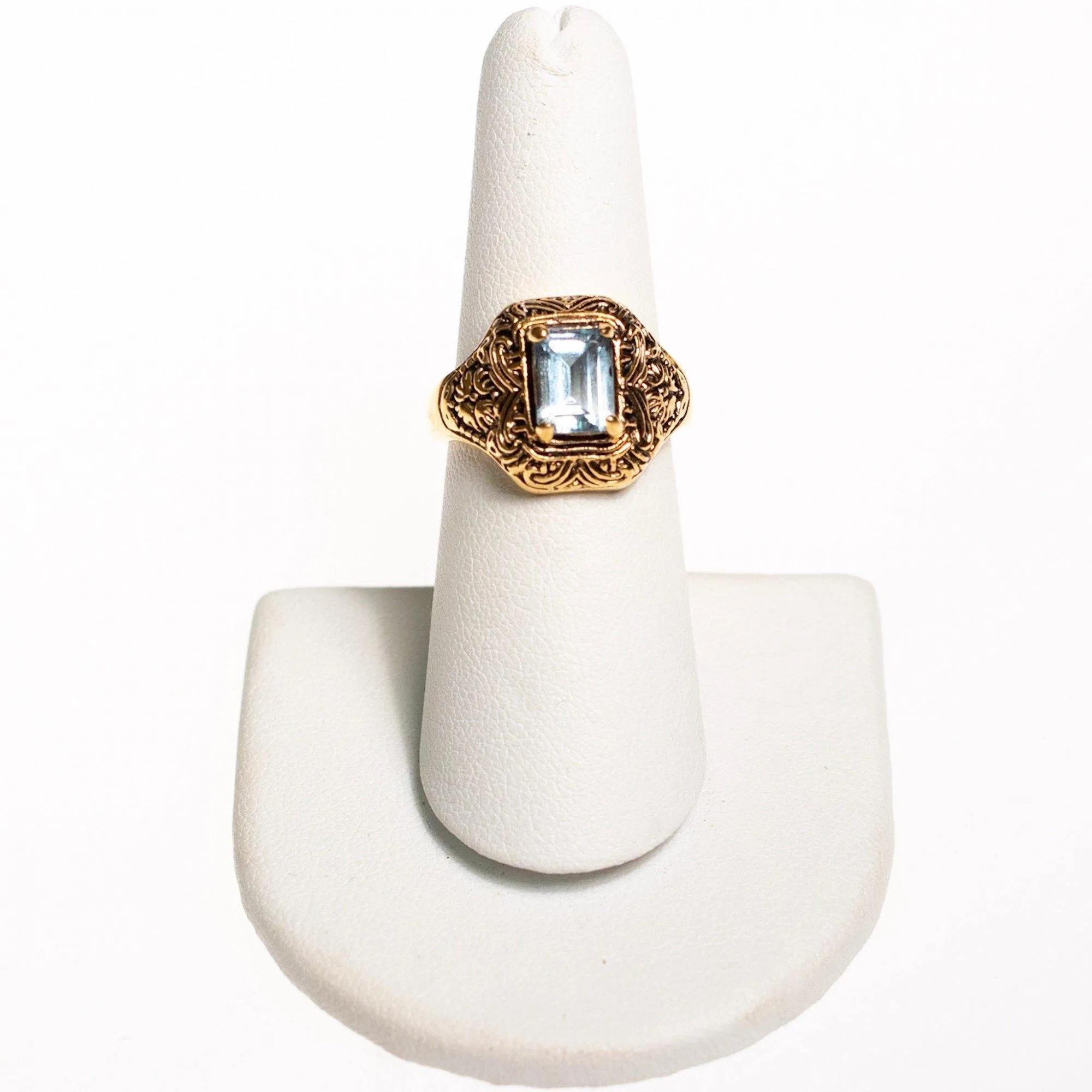 Vintage Art Deco Blue Emerald Cut Crystal Ring with Etched 18kt Gold Plated Setting
