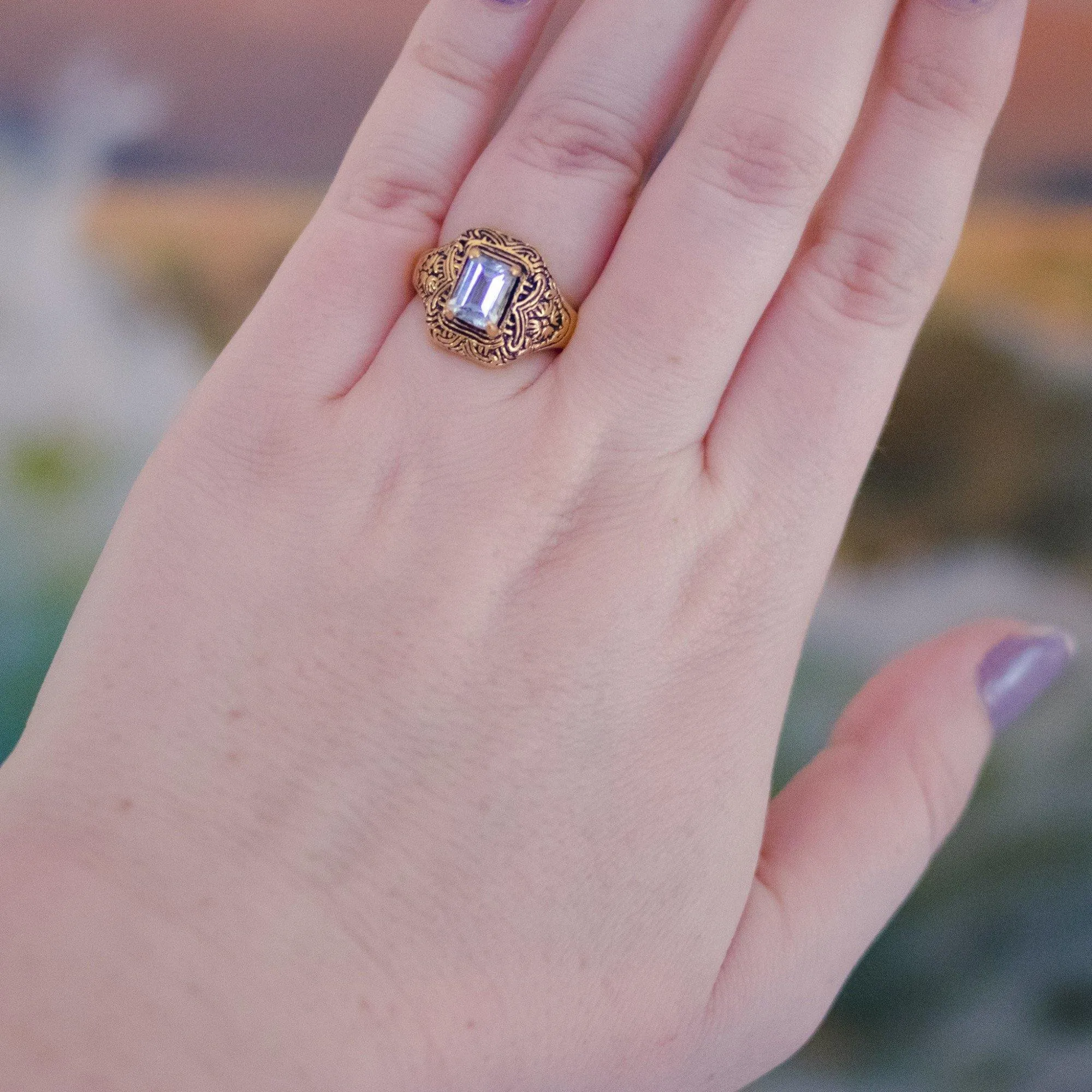 Vintage Art Deco Blue Emerald Cut Crystal Ring with Etched 18kt Gold Plated Setting