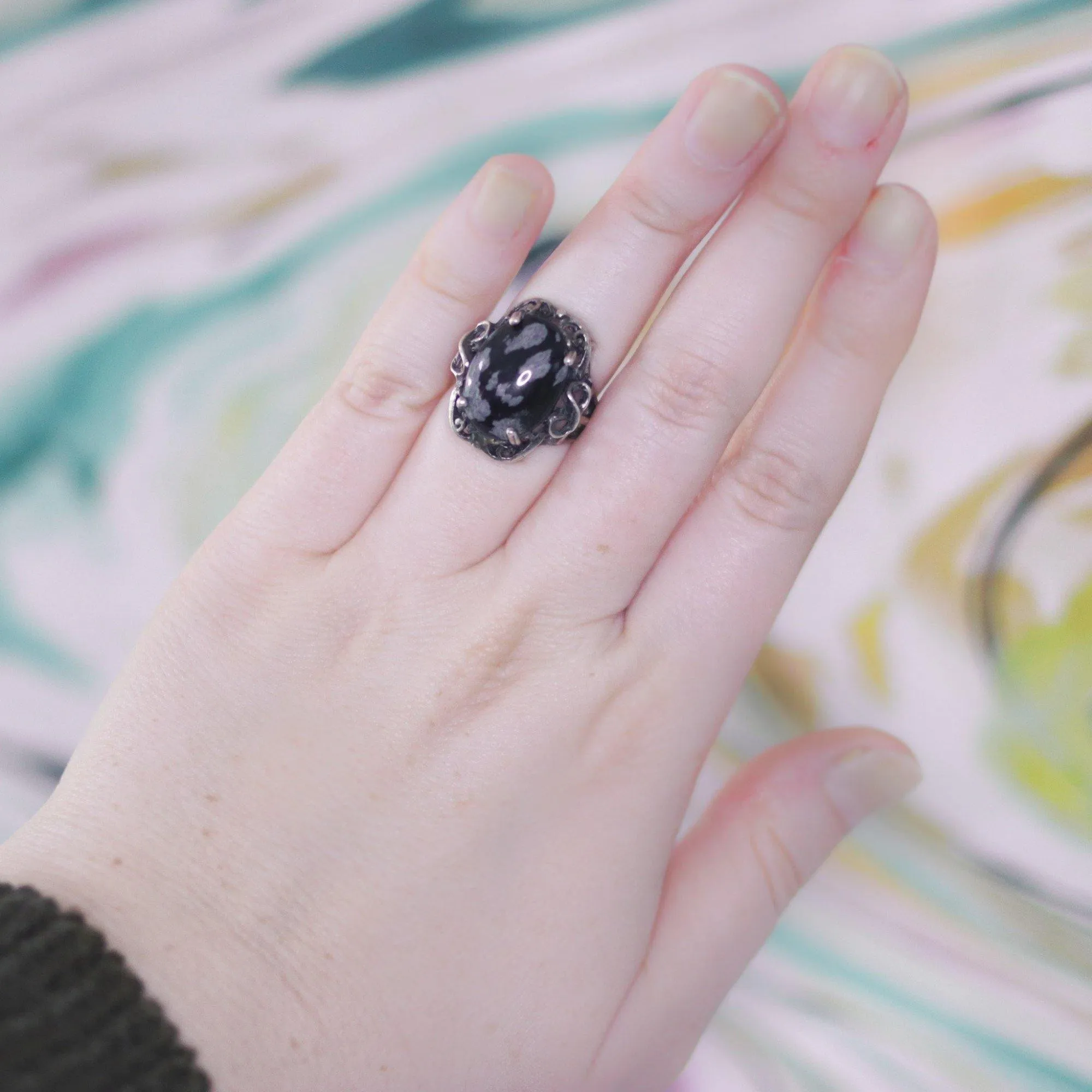 Vintage Black and Gray Jasper Ring Set In Sterling Silver