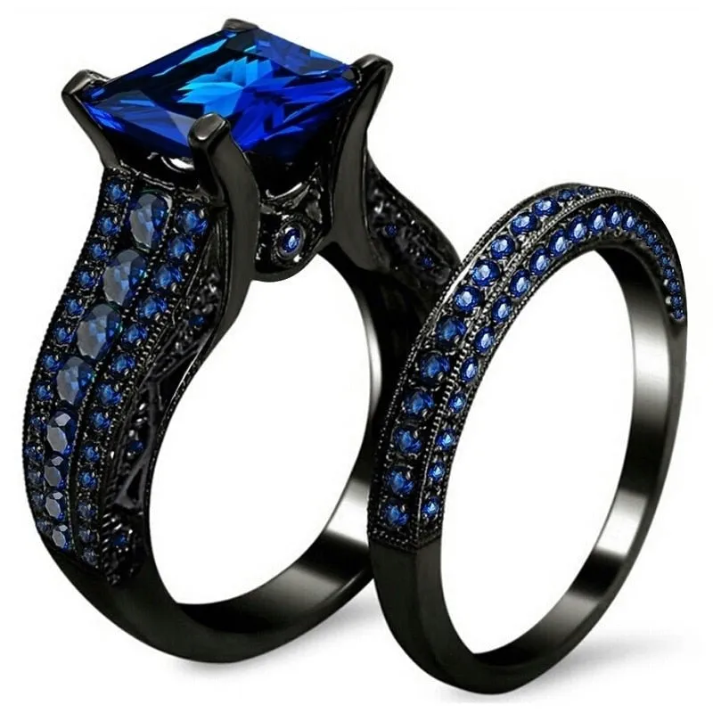 Vintage Blue Sapphire Ring Set For Women Wedding Jewellery