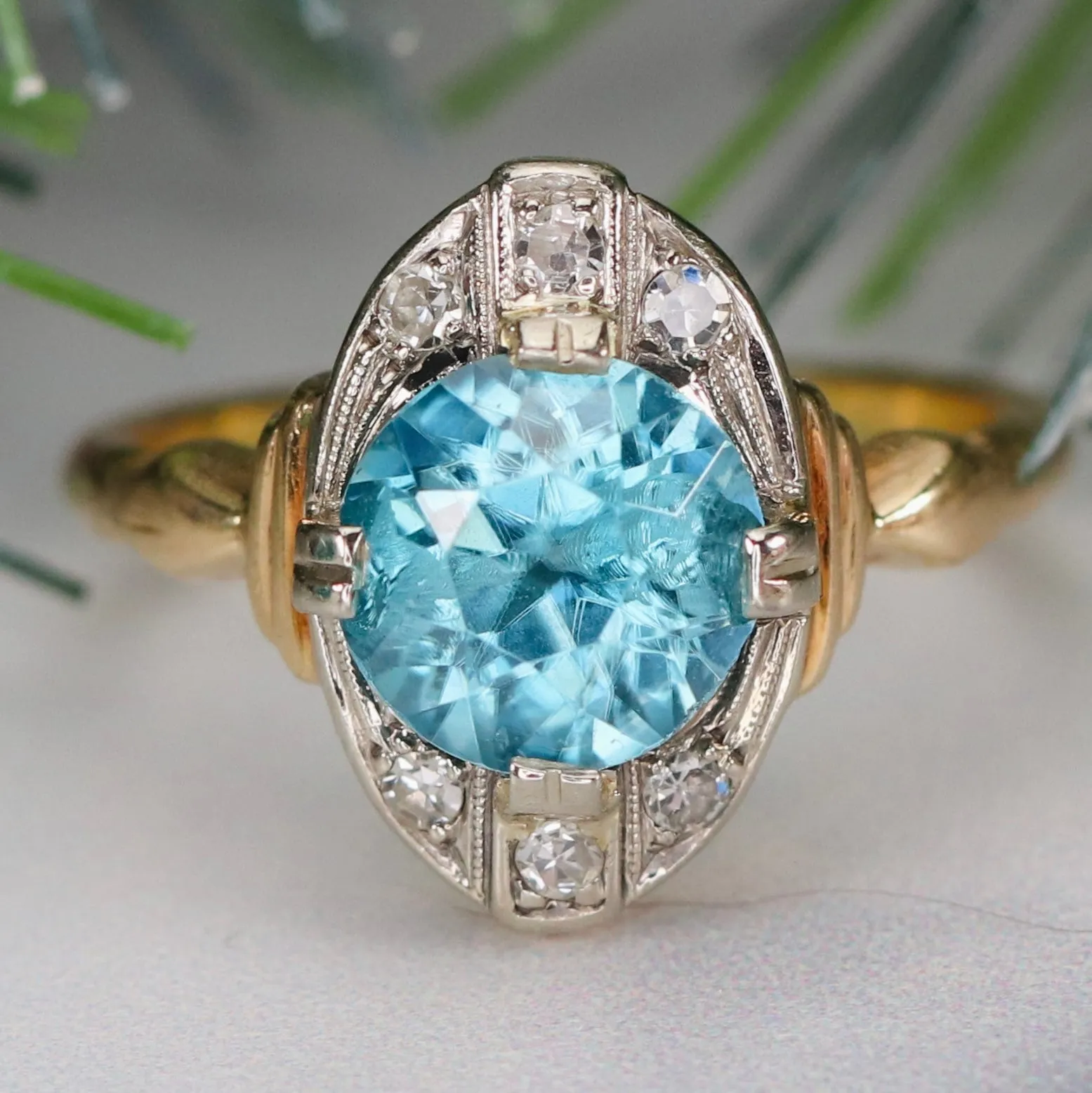 Vintage Blue zircon and diamond ring in yellow gold