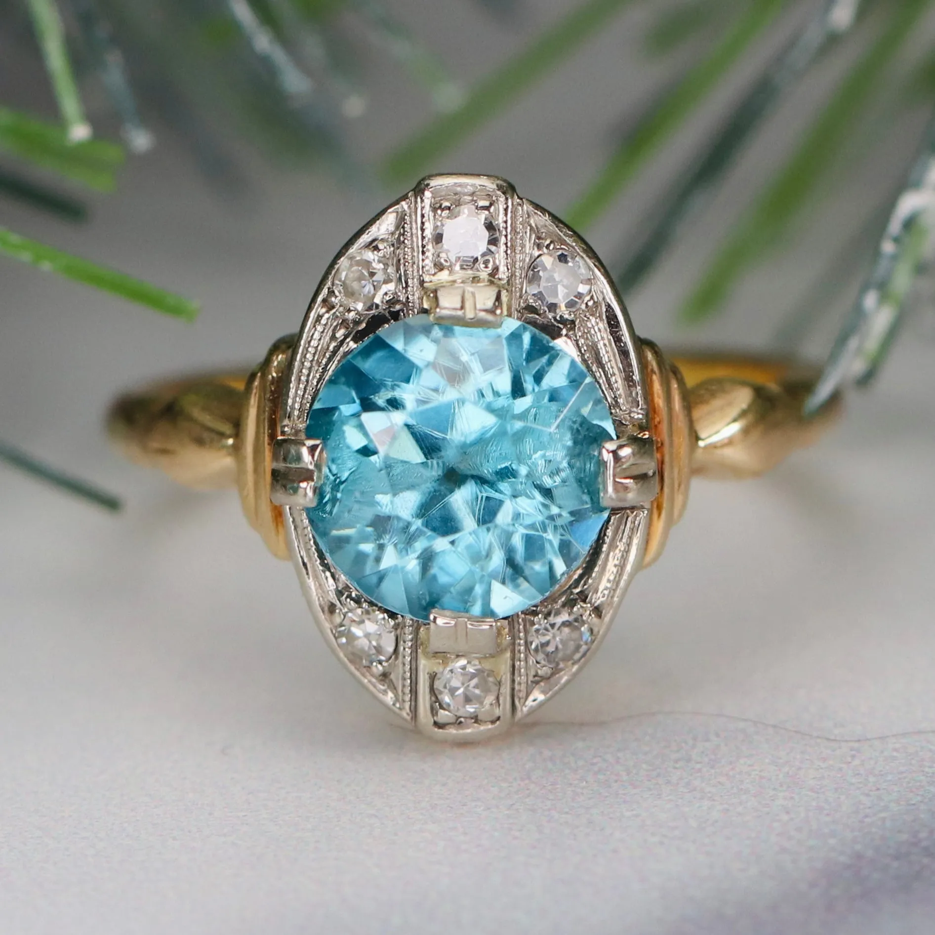 Vintage Blue zircon and diamond ring in yellow gold