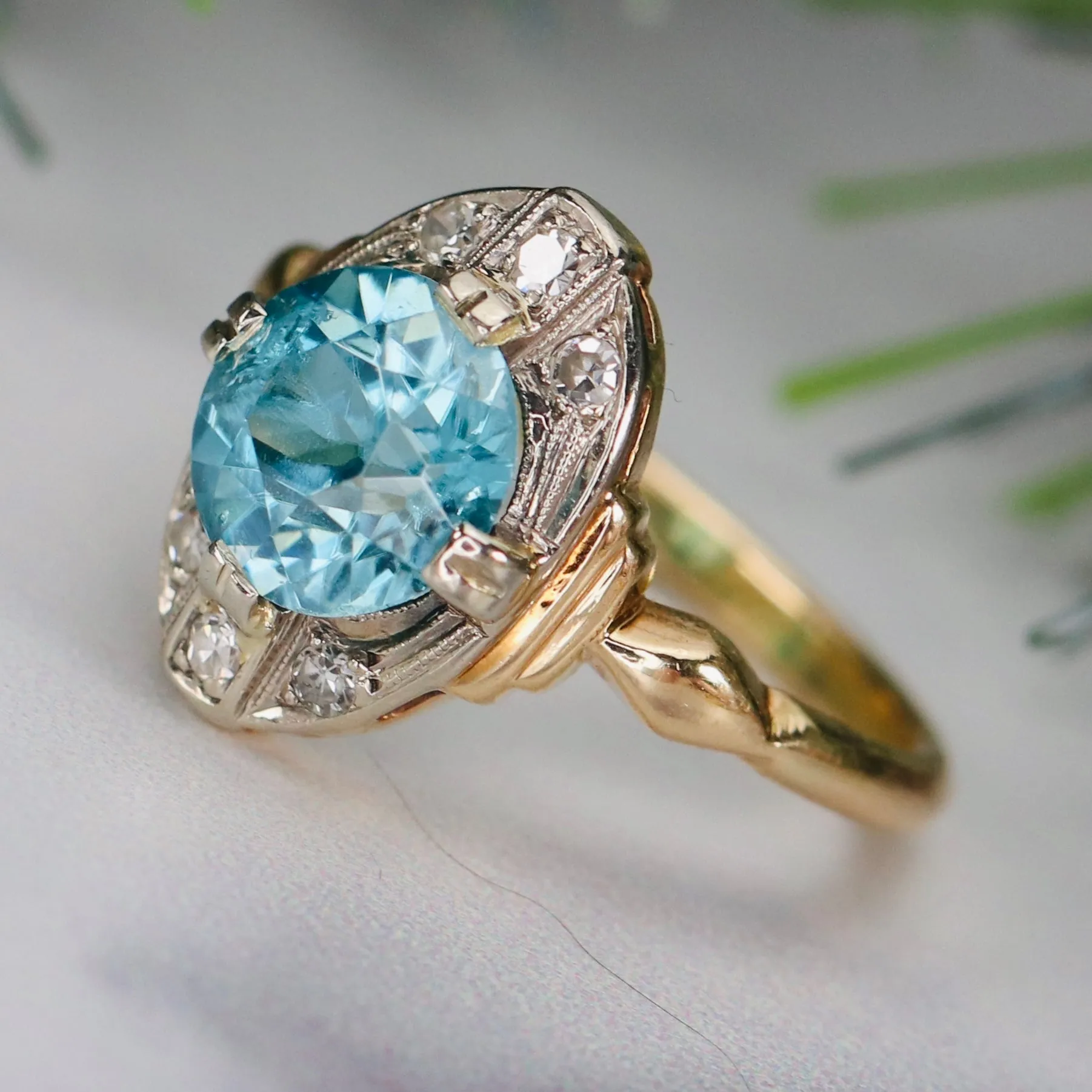 Vintage Blue zircon and diamond ring in yellow gold