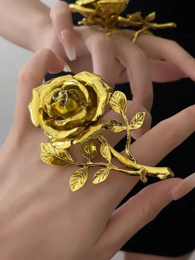 Vintage Exaggerated Metal Rose Flower Large Open Ring
