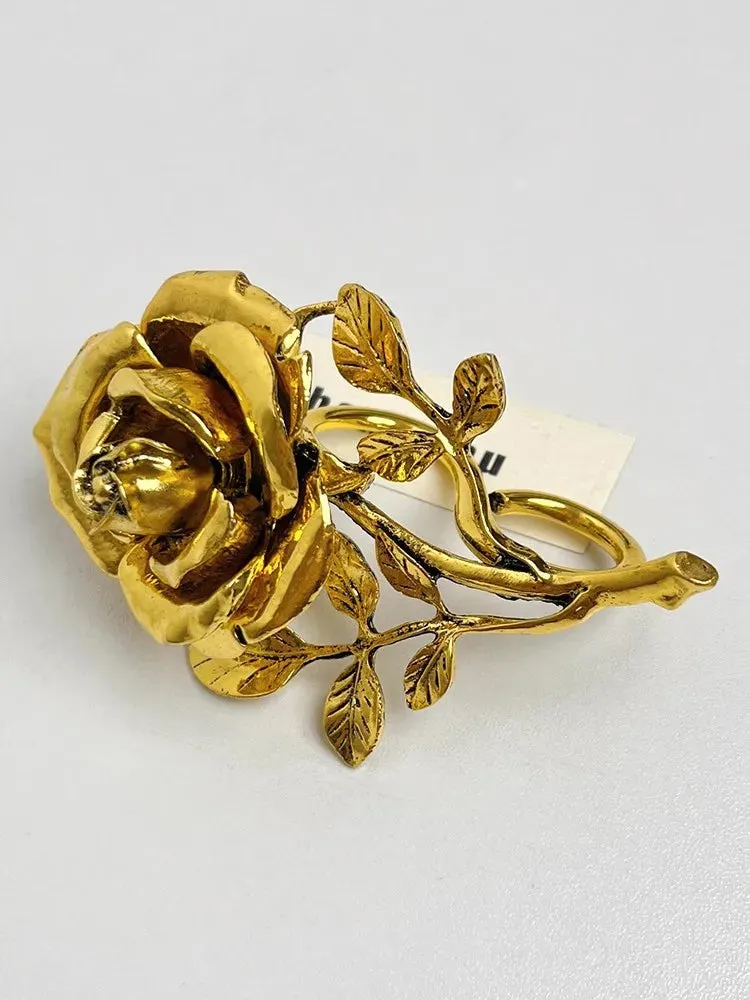 Vintage Exaggerated Metal Rose Flower Large Open Ring