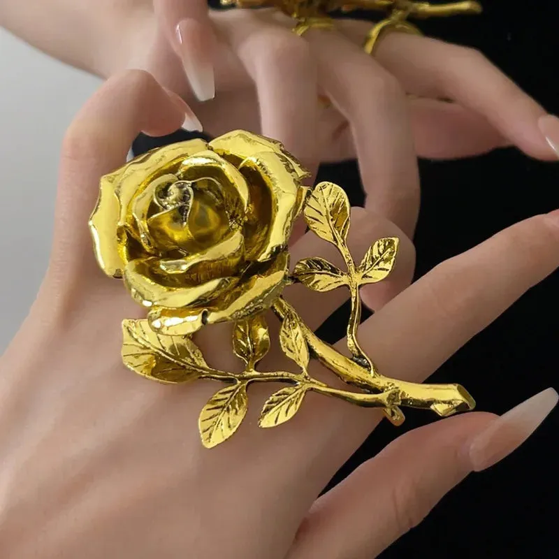 Vintage Exaggerated Metal Rose Flower Large Open Ring