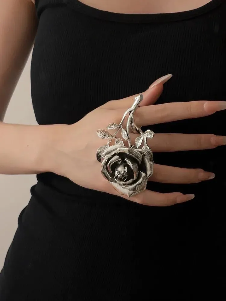 Vintage Exaggerated Metal Rose Flower Large Open Ring