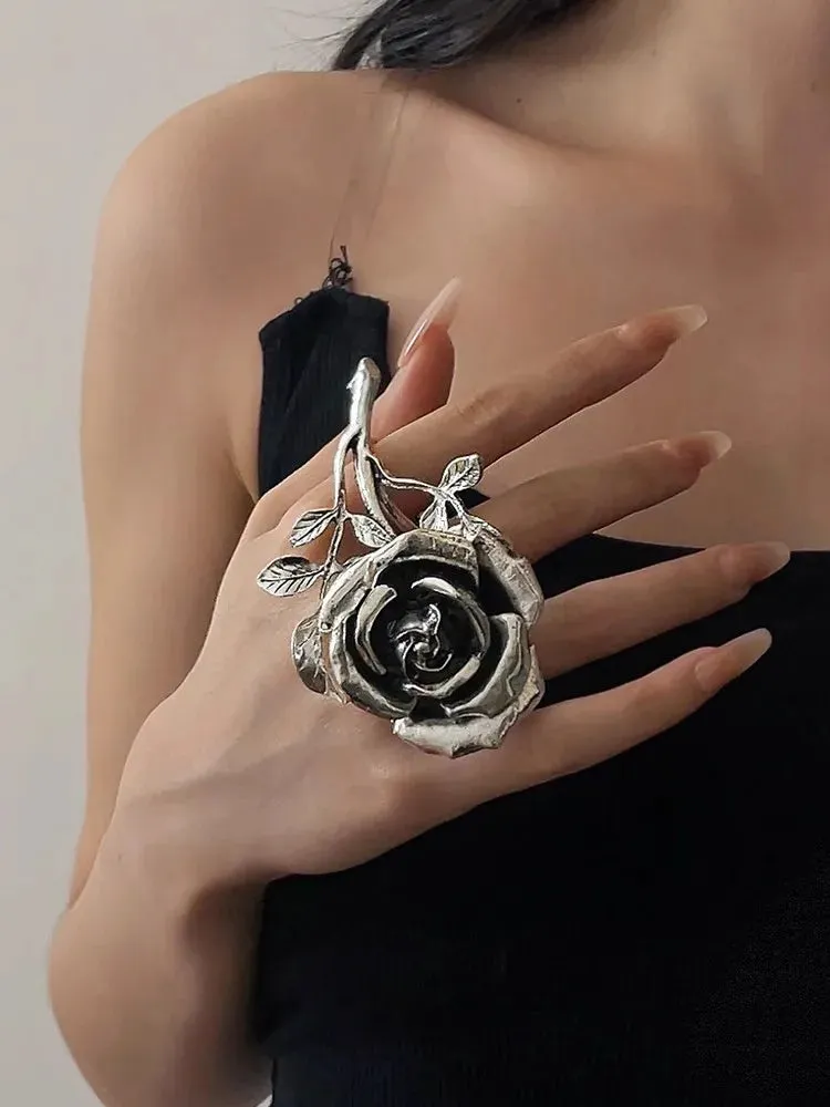 Vintage Exaggerated Metal Rose Flower Large Open Ring