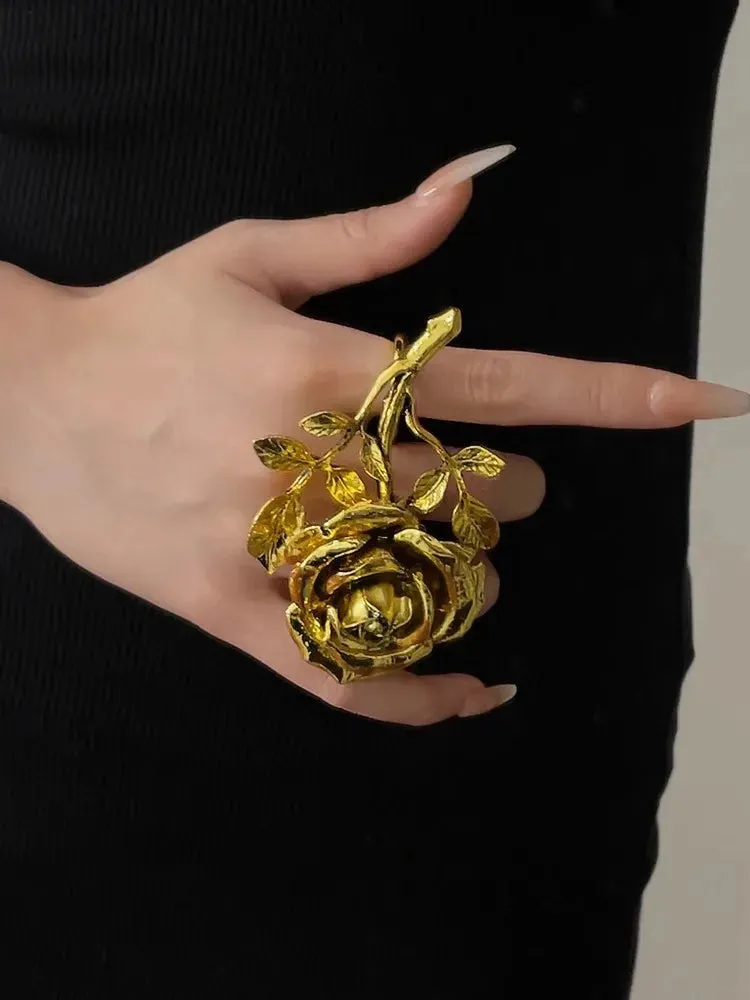 Vintage Exaggerated Metal Rose Flower Large Open Ring