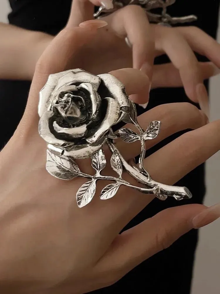 Vintage Exaggerated Metal Rose Flower Large Open Ring