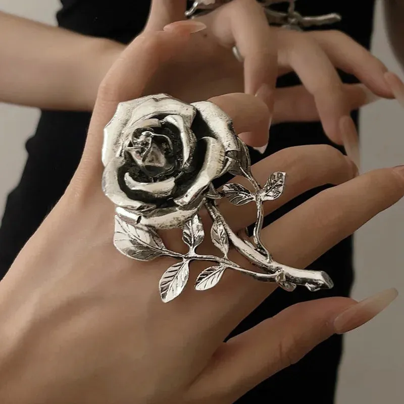 Vintage Exaggerated Metal Rose Flower Large Open Ring