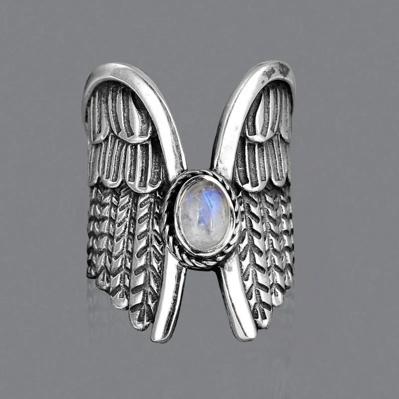 Vintage Green Moonstone Ring Silver Angel for Women Jewelry