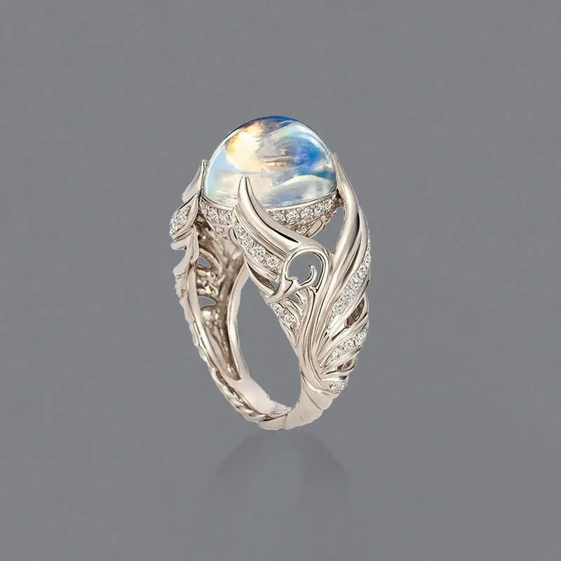 Vintage Green Moonstone Ring Silver Angel for Women Jewelry