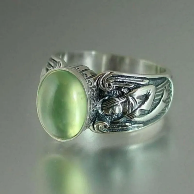 Vintage Green Moonstone Ring Silver Angel for Women Jewelry