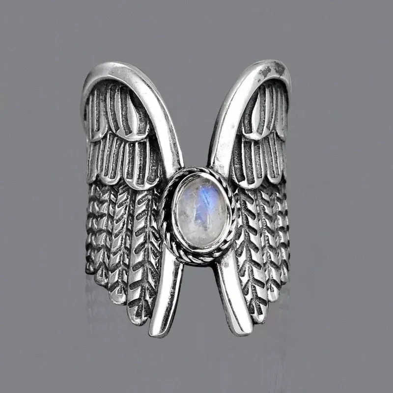Vintage Green Moonstone Ring Silver Angel for Women Jewelry