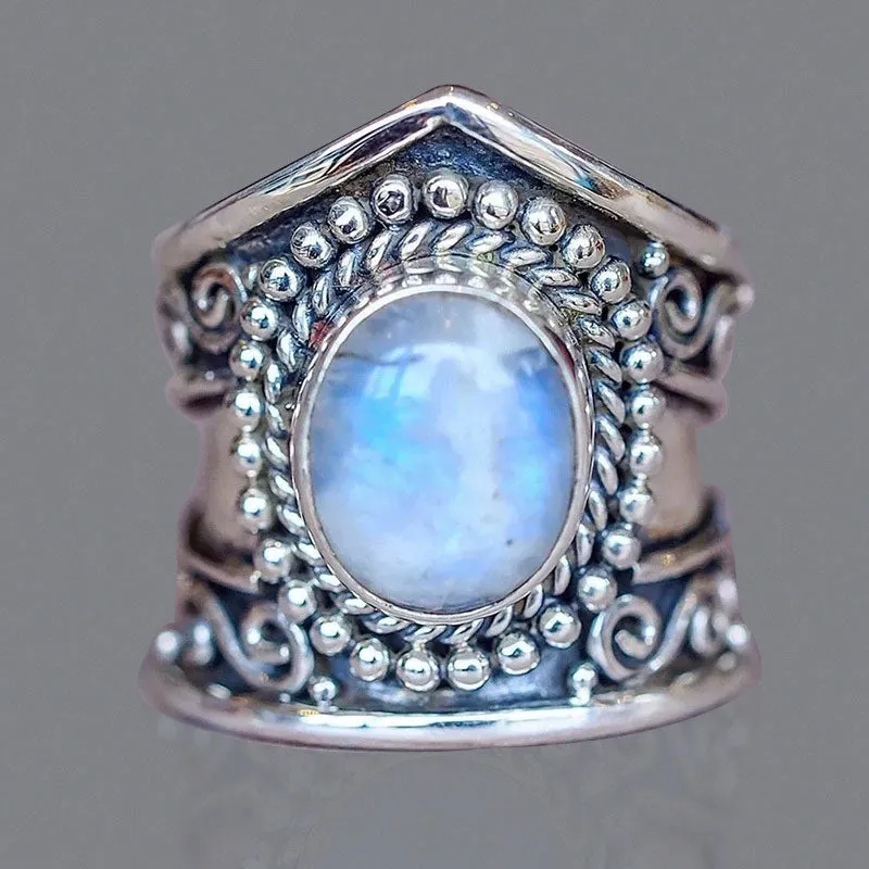 Vintage Green Moonstone Ring Silver Angel for Women Jewelry
