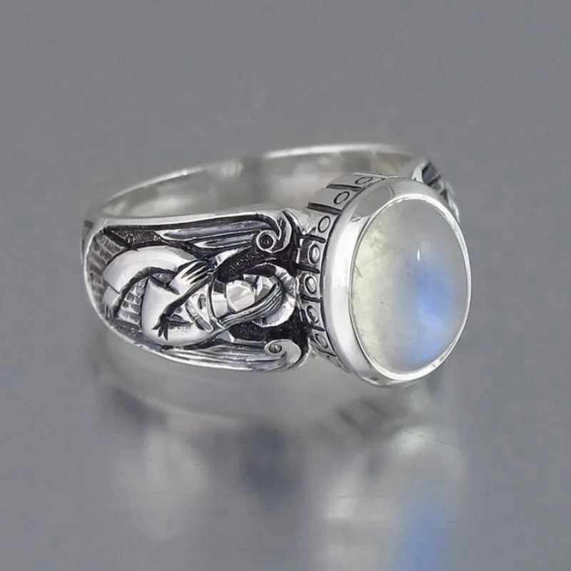 Vintage Green Moonstone Ring Silver Angel for Women Jewelry