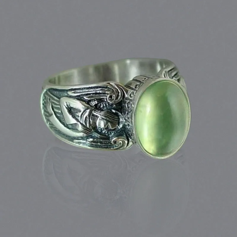 Vintage Green Moonstone Ring Silver Angel for Women Jewelry