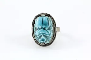 Vintage Hand Made Silver Blue Scarab Beetle Egyptian Ring