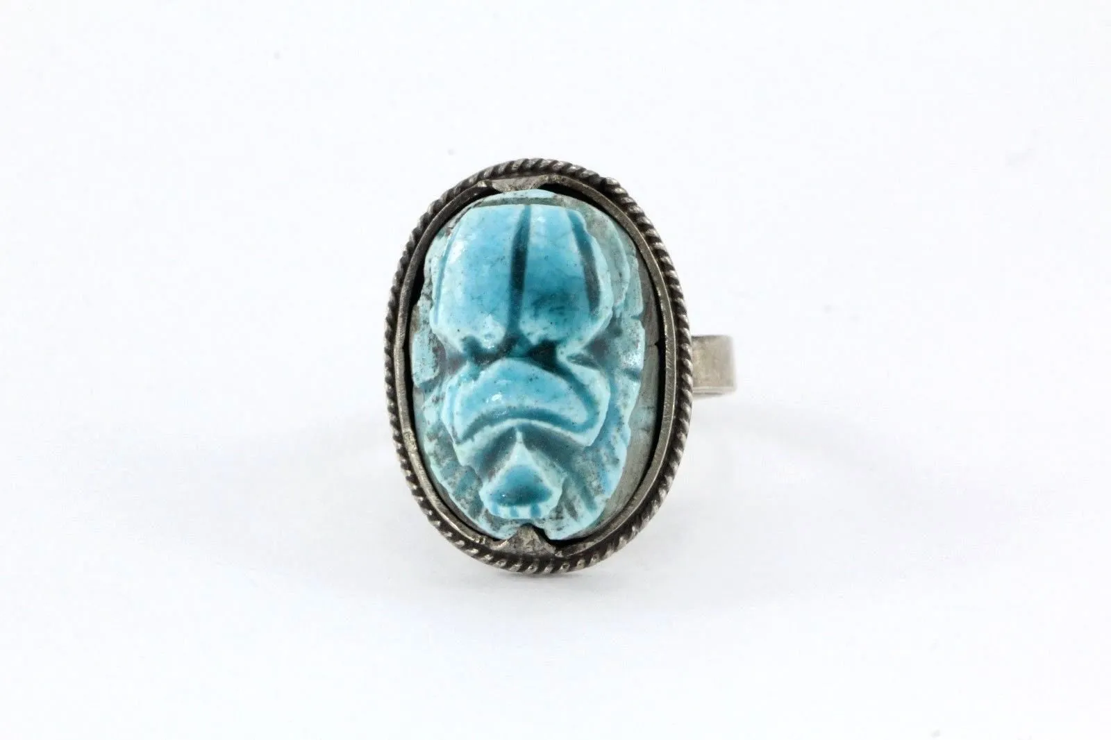 Vintage Hand Made Silver Blue Scarab Beetle Egyptian Ring