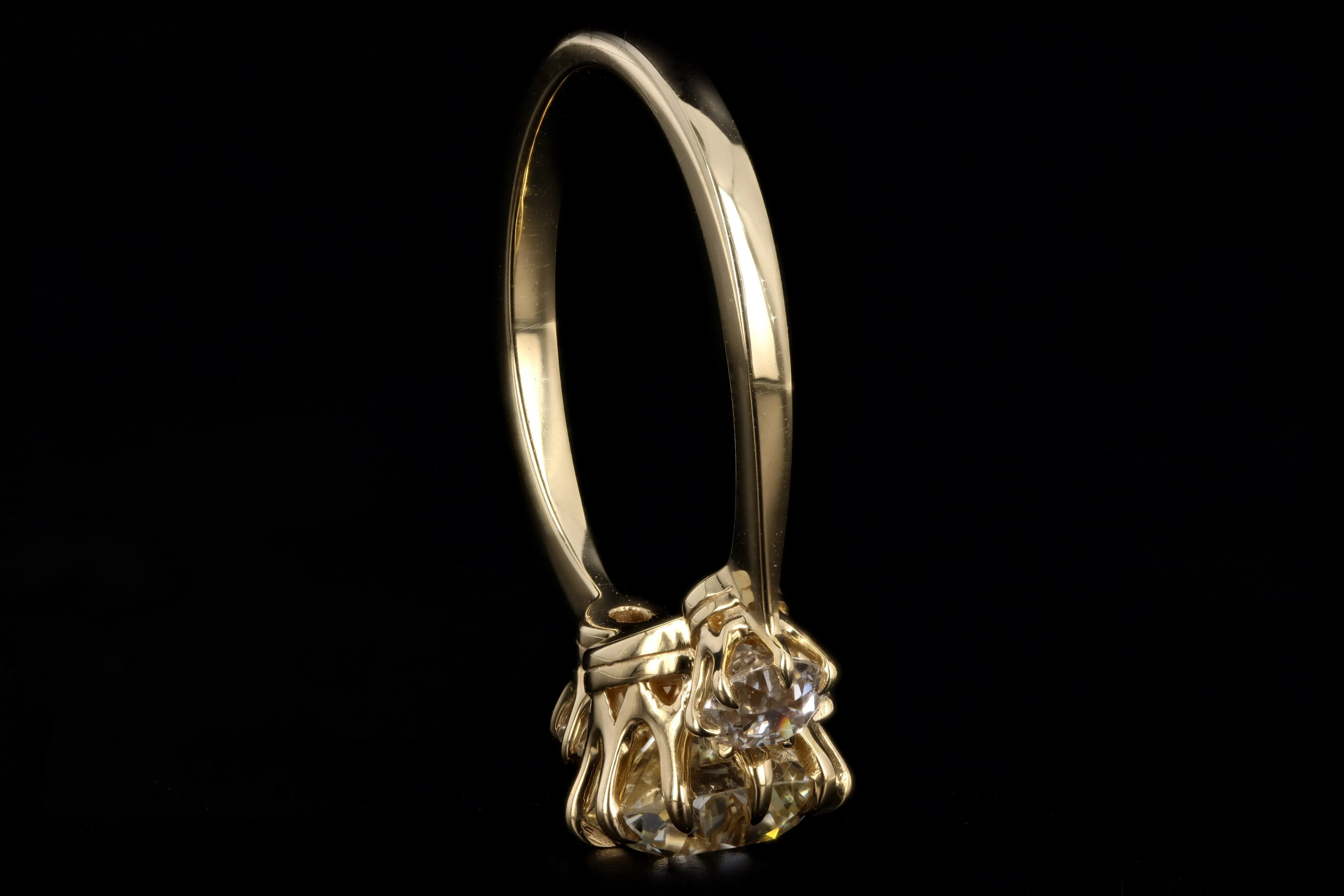 Vintage Inspired 18K Yellow Gold 1.34 Carat Old Mine Cut Diamond Three Stone Engagement Ring