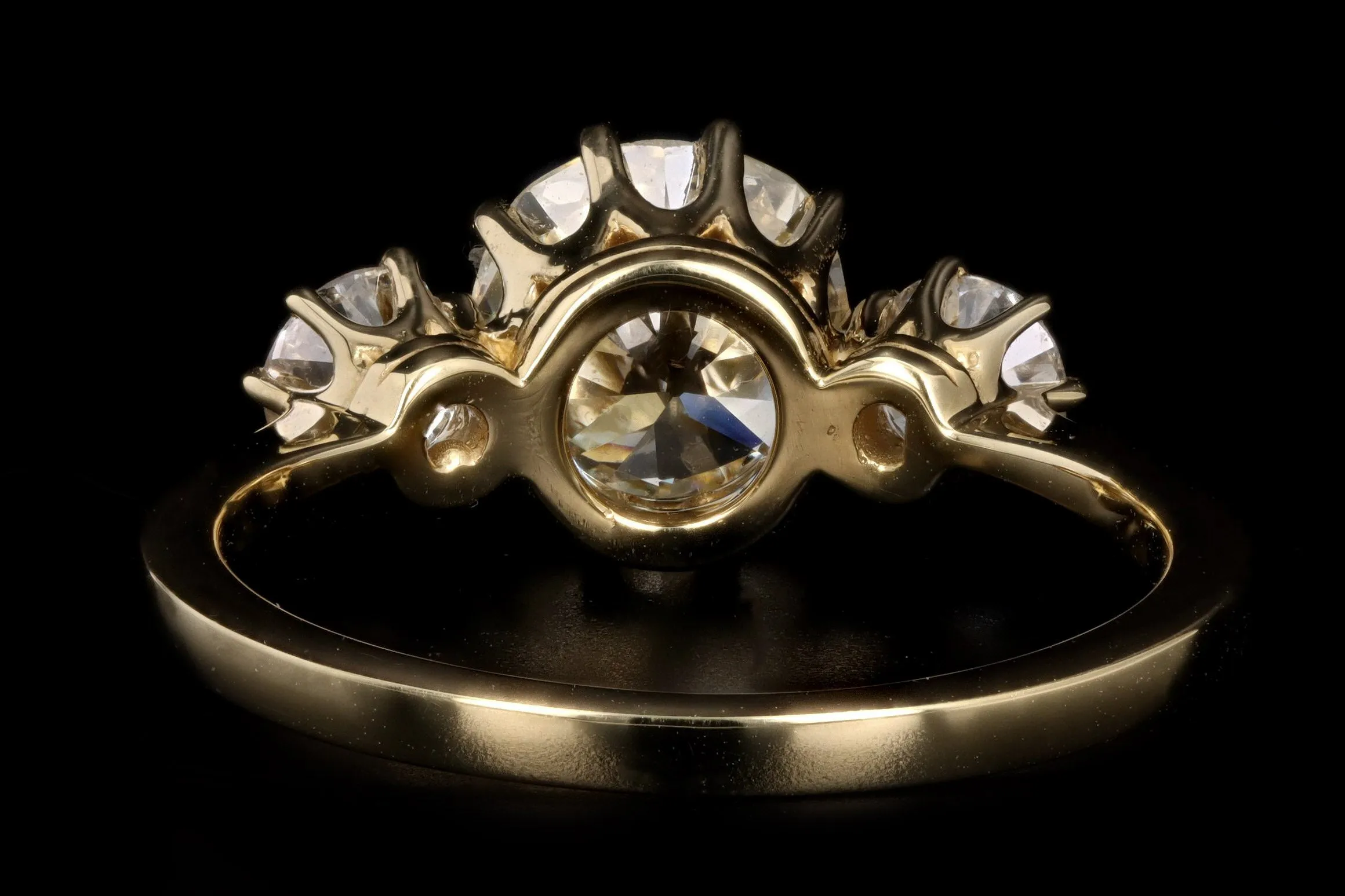 Vintage Inspired 18K Yellow Gold 1.34 Carat Old Mine Cut Diamond Three Stone Engagement Ring