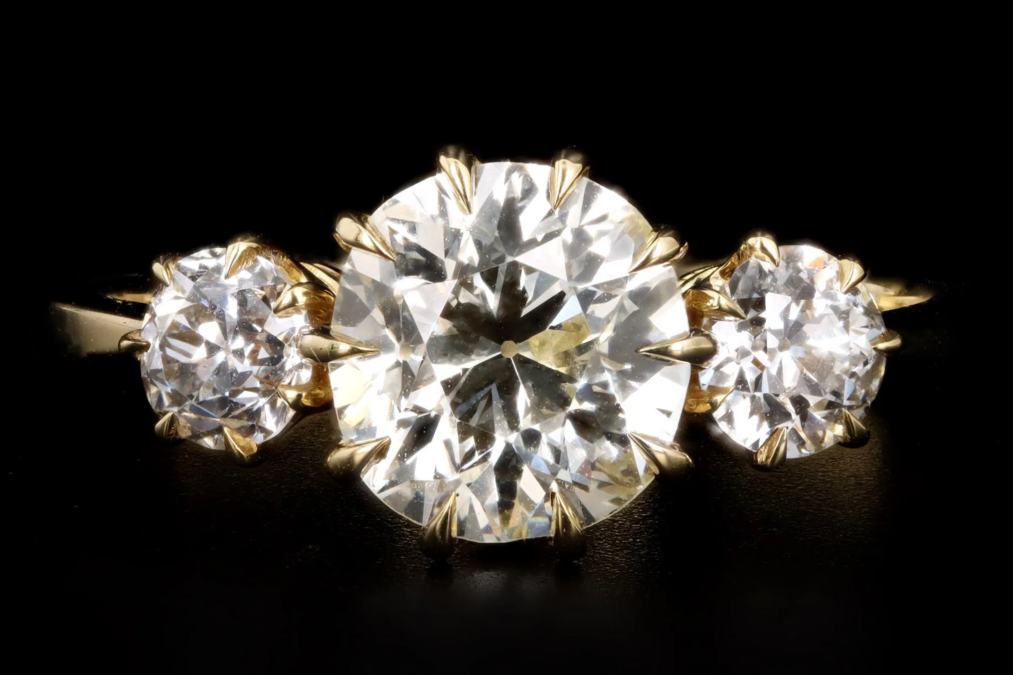 Vintage Inspired 18K Yellow Gold 1.34 Carat Old Mine Cut Diamond Three Stone Engagement Ring