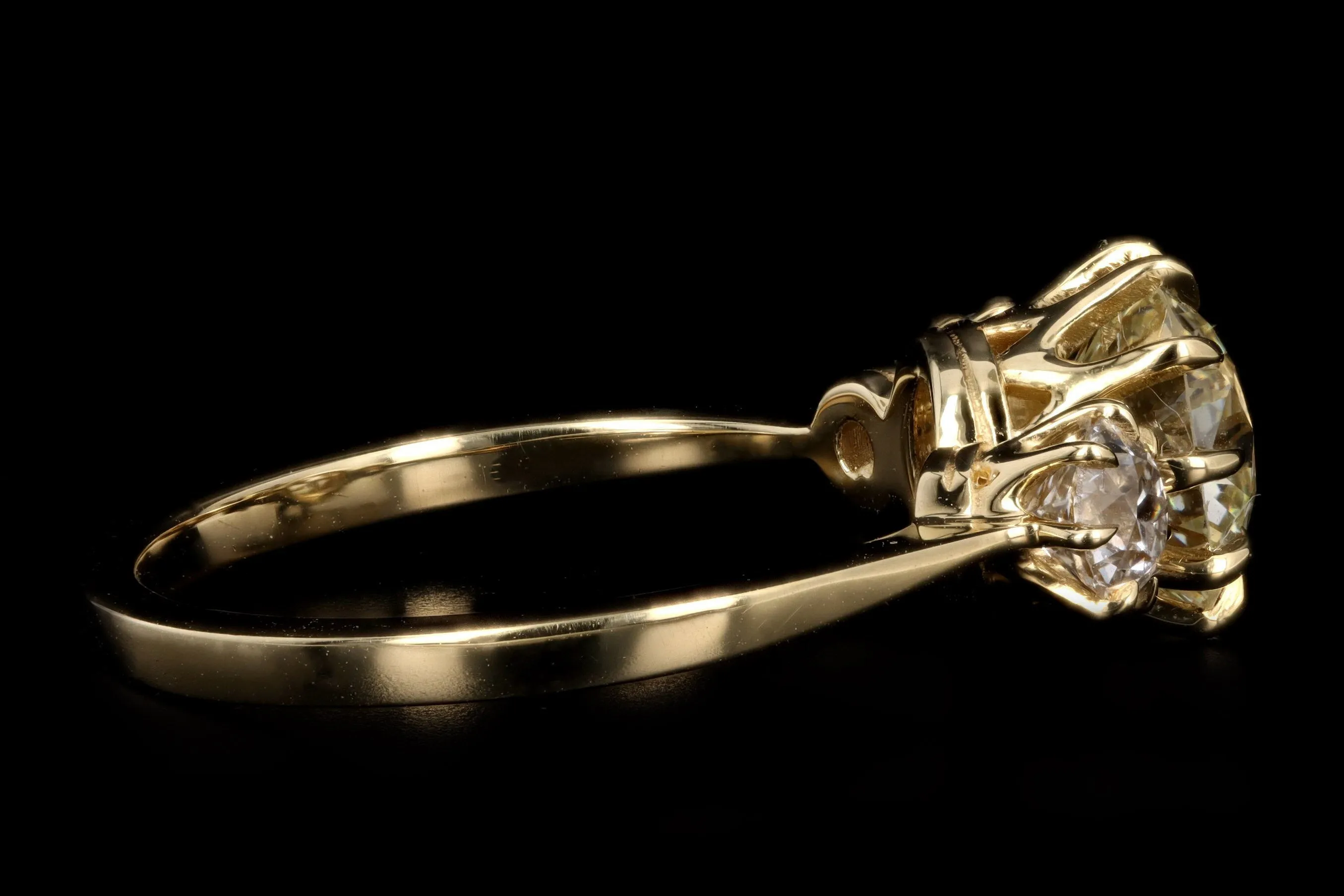 Vintage Inspired 18K Yellow Gold 1.34 Carat Old Mine Cut Diamond Three Stone Engagement Ring