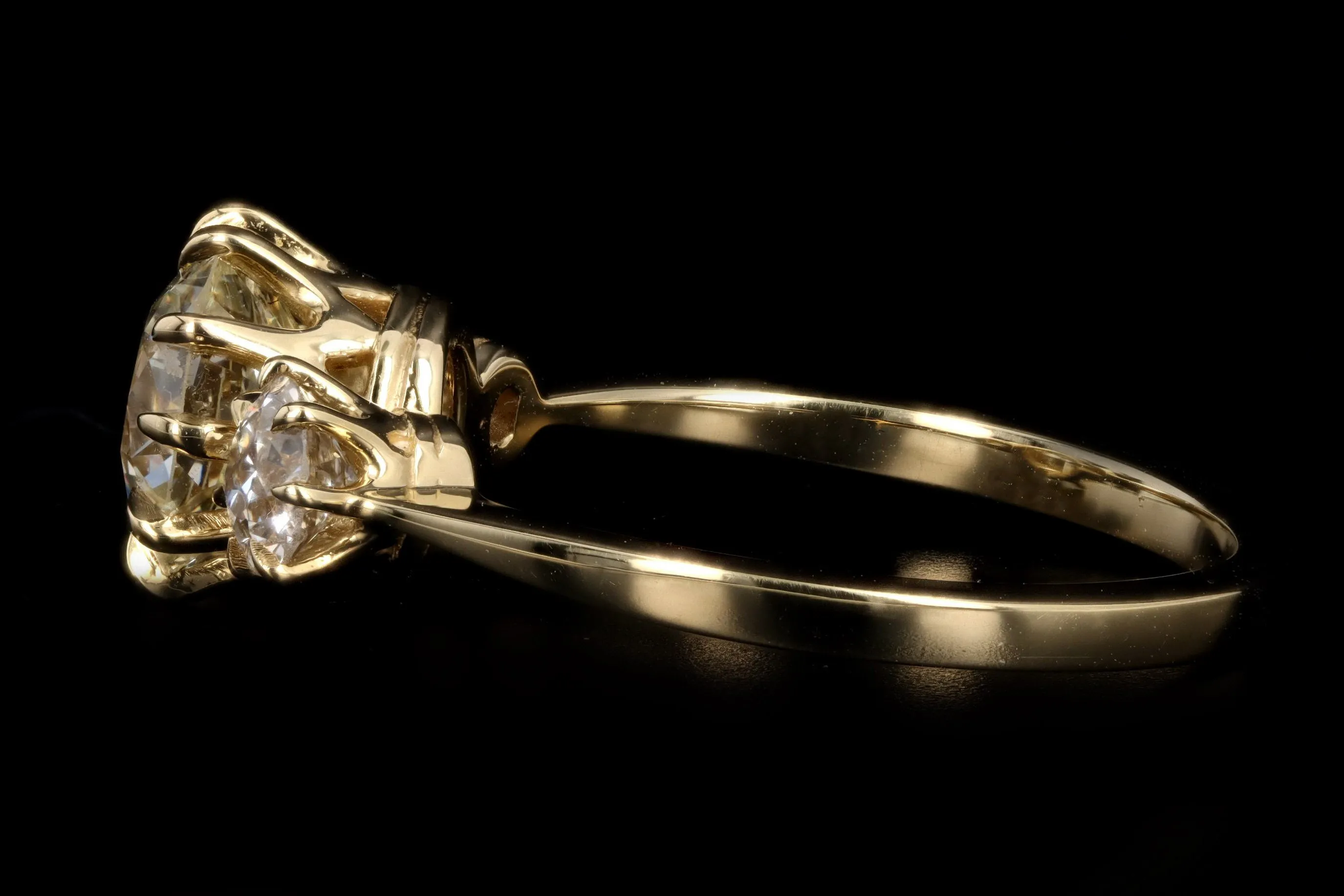 Vintage Inspired 18K Yellow Gold 1.34 Carat Old Mine Cut Diamond Three Stone Engagement Ring