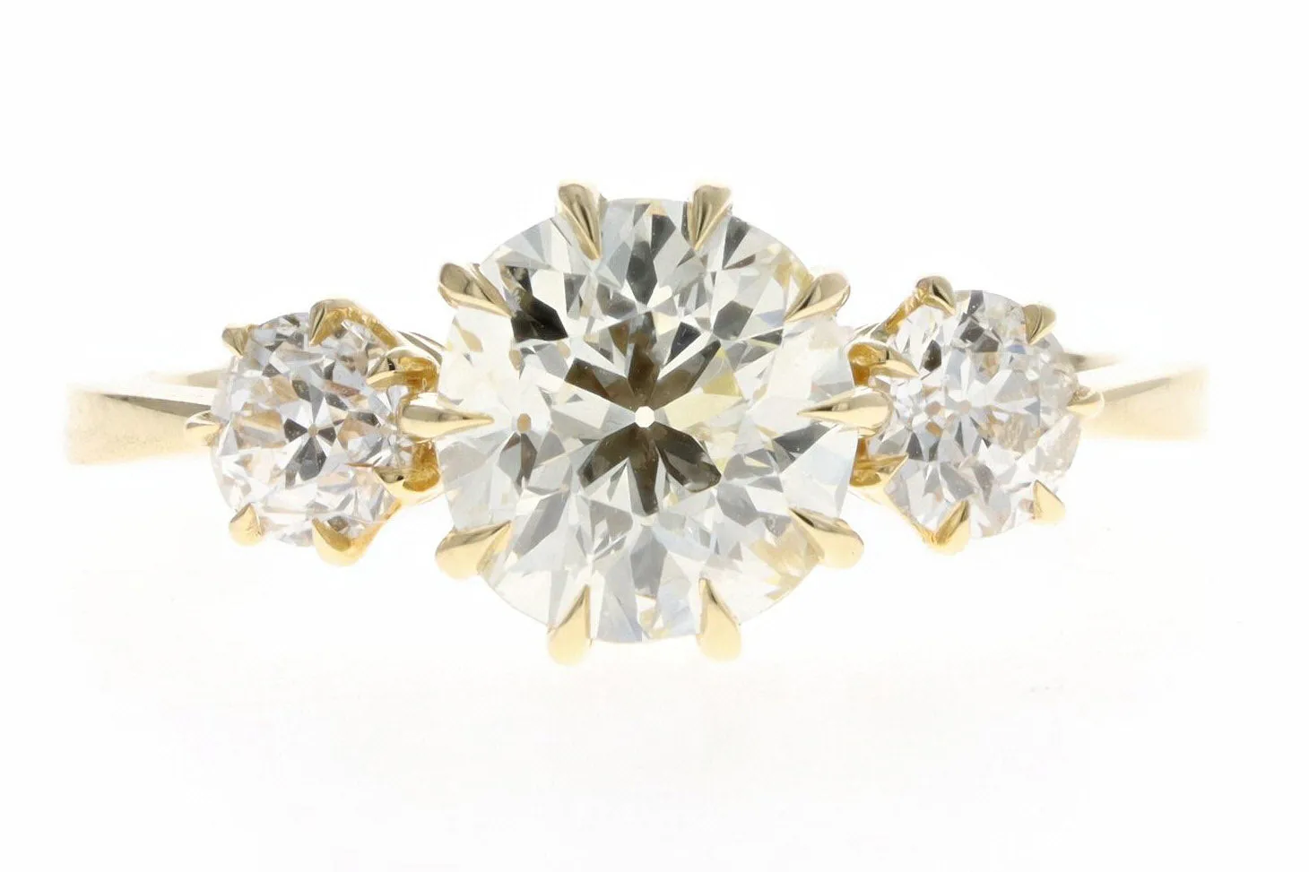 Vintage Inspired 18K Yellow Gold 1.34 Carat Old Mine Cut Diamond Three Stone Engagement Ring