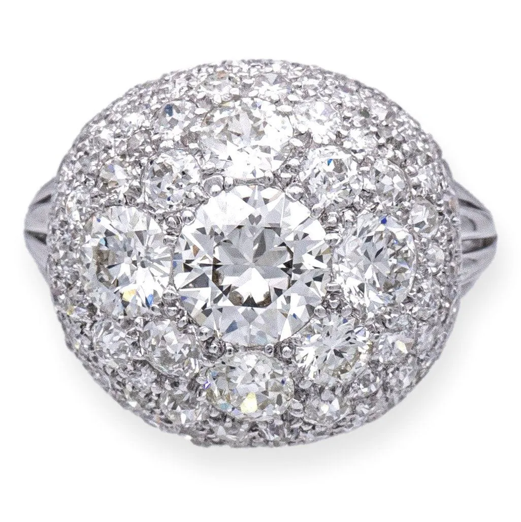 Vintage Old Euro 5.11 CTW Diamond Cluster Platinum Cocktail Dome ring Circa 1950's